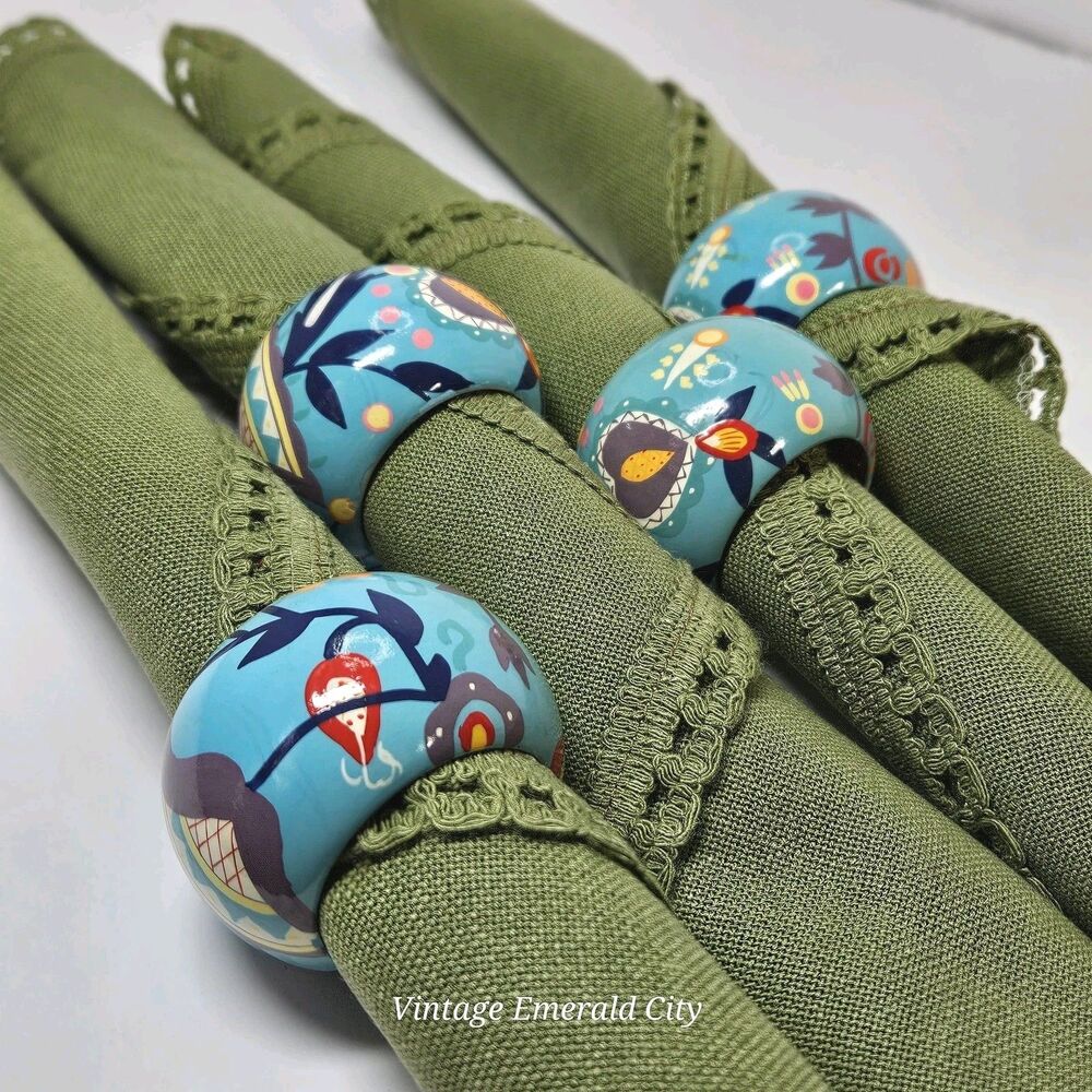 Vtg Set of 4 Wooden Hand Painted Bohemian blue/teal Floral Napkin Rings Spring